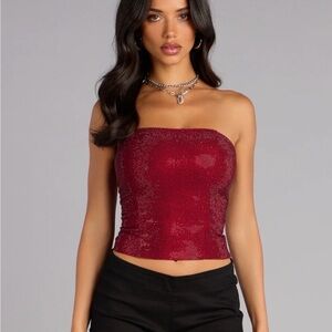 Windsor Red Strapless Sequin Crop Top